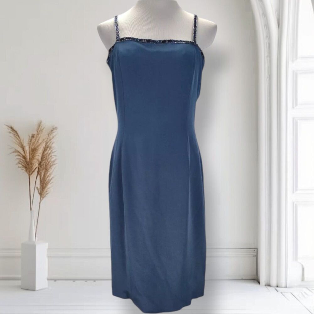 Vintage 90s Niteline Beaded Square Neck Cocktail Dress Size 8 Blue Knee Length